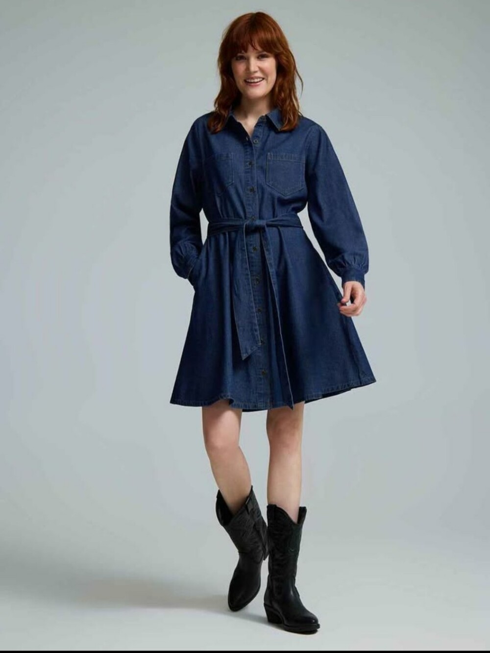 Suzy Shier Dark Blue Tie-Waist Denim Dress